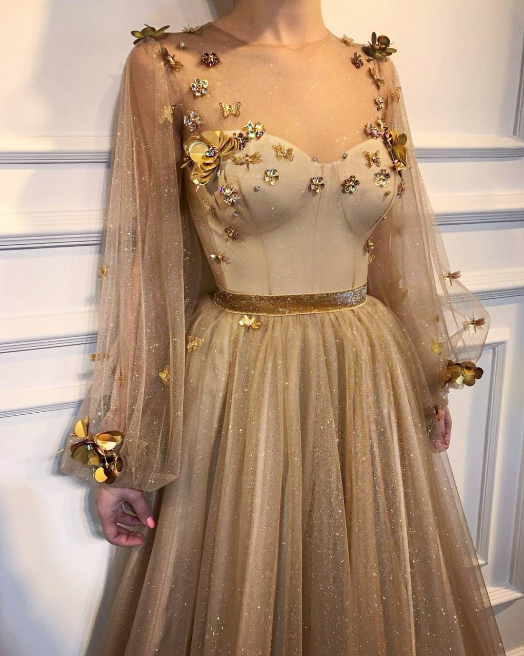 Gold A-Line dress with long sleeves and embroidery