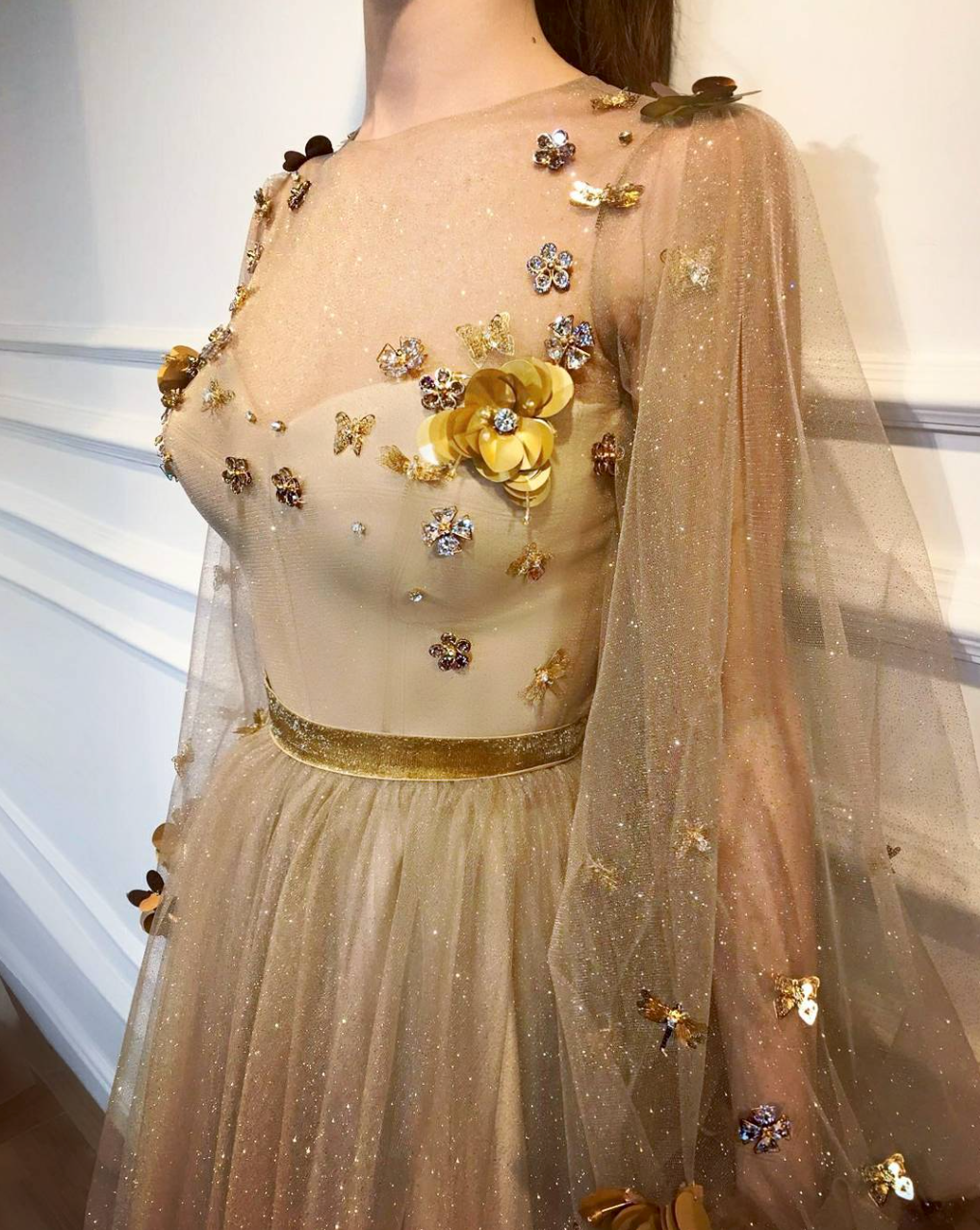 Gold A-Line dress with long sleeves and embroidery