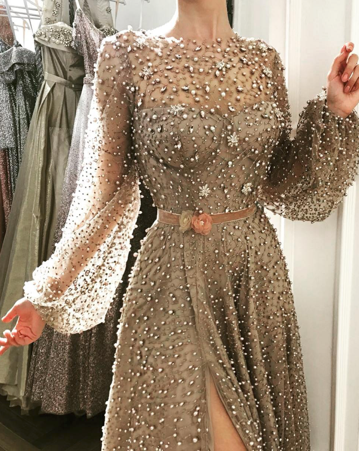 Beige A-Line dress with beading and long sleeves