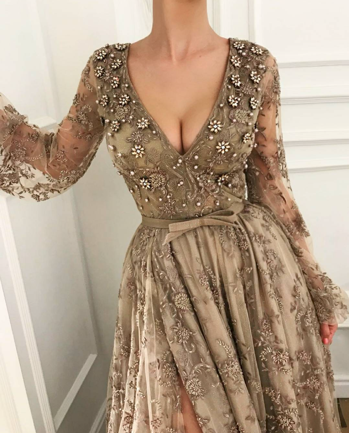 Brown A-Line dress with long sleeves, v-neck and embroidery