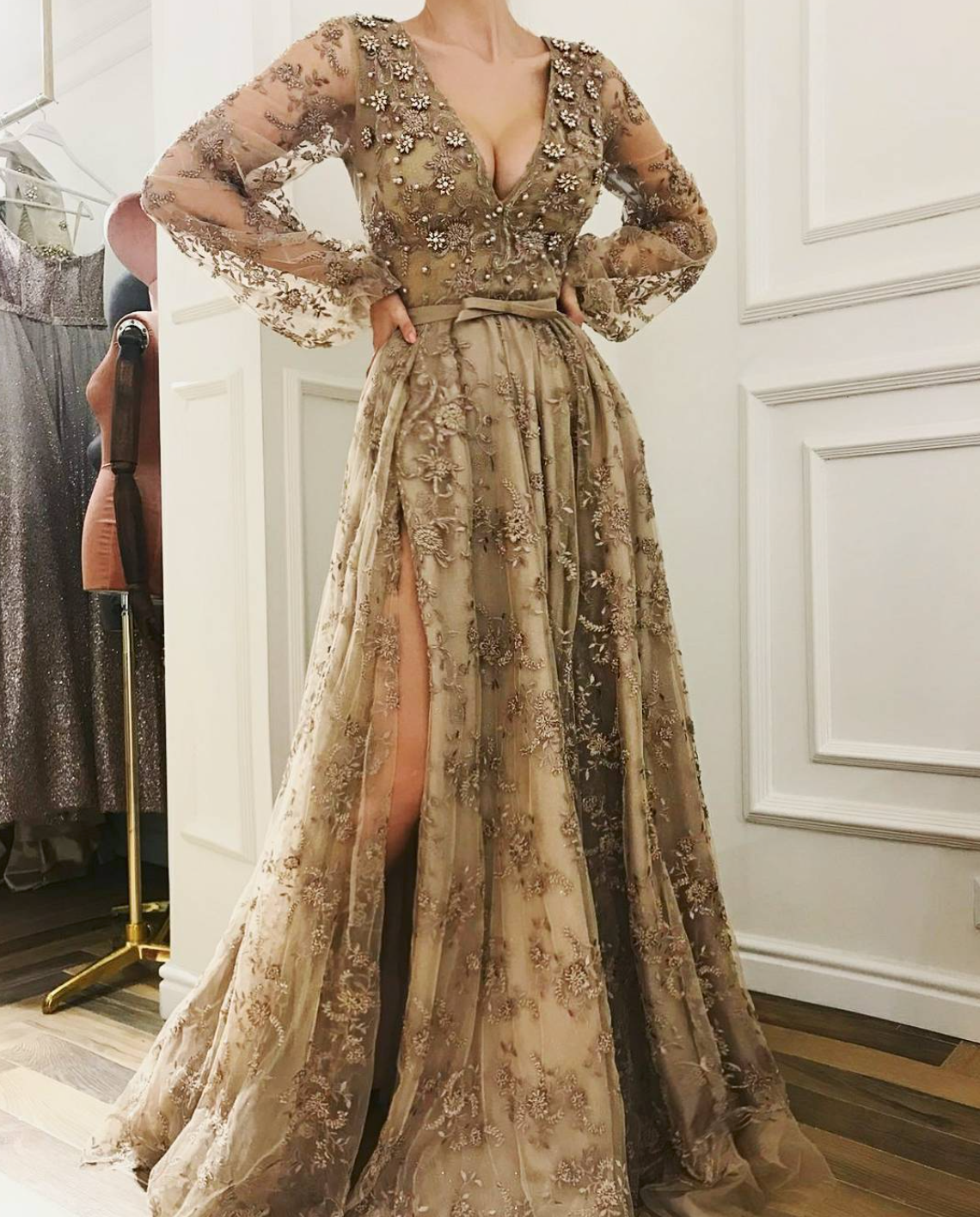Brown A-Line dress with long sleeves, v-neck and embroidery