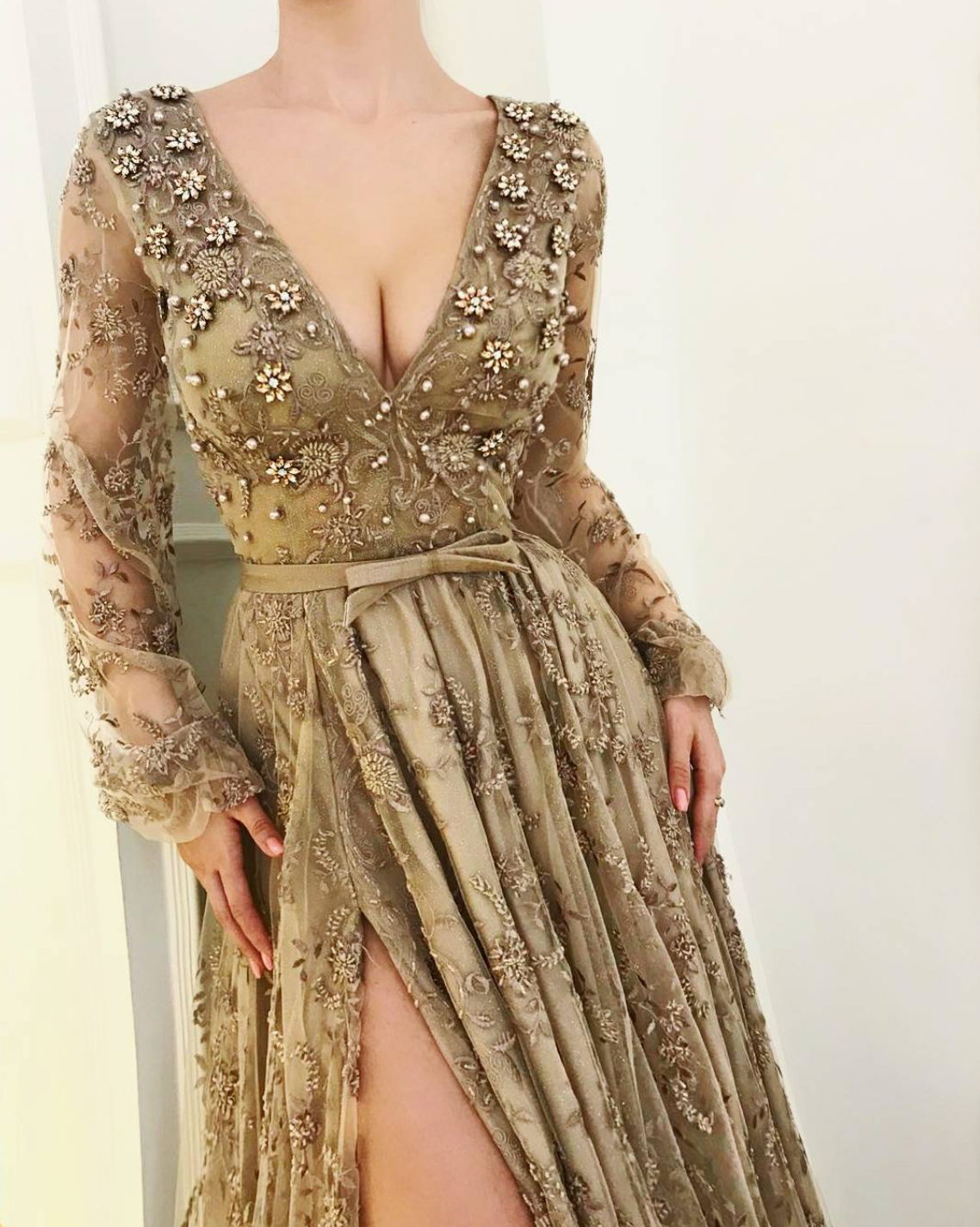 Brown A-Line dress with long sleeves, v-neck and embroidery