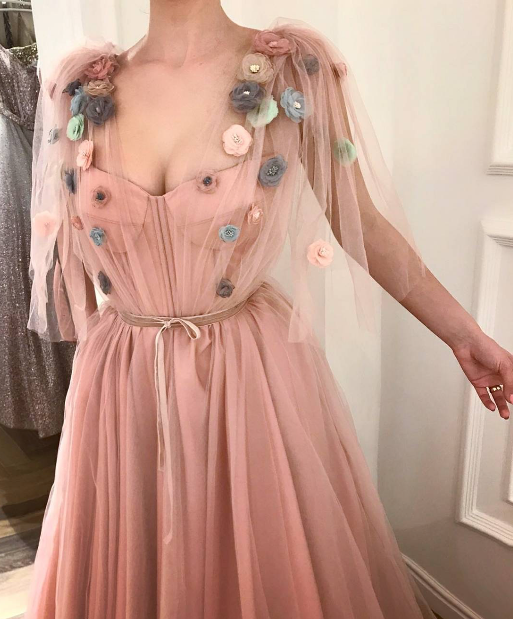 Pink A-Line dress with long sleeve, v-neck and embroidery