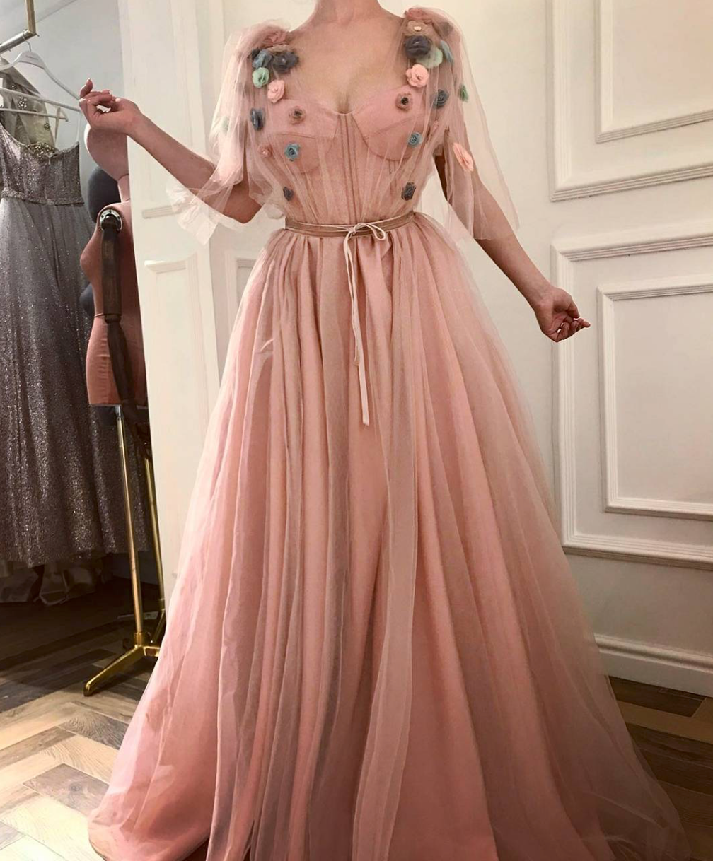 Pink A-Line dress with long sleeve, v-neck and embroidery