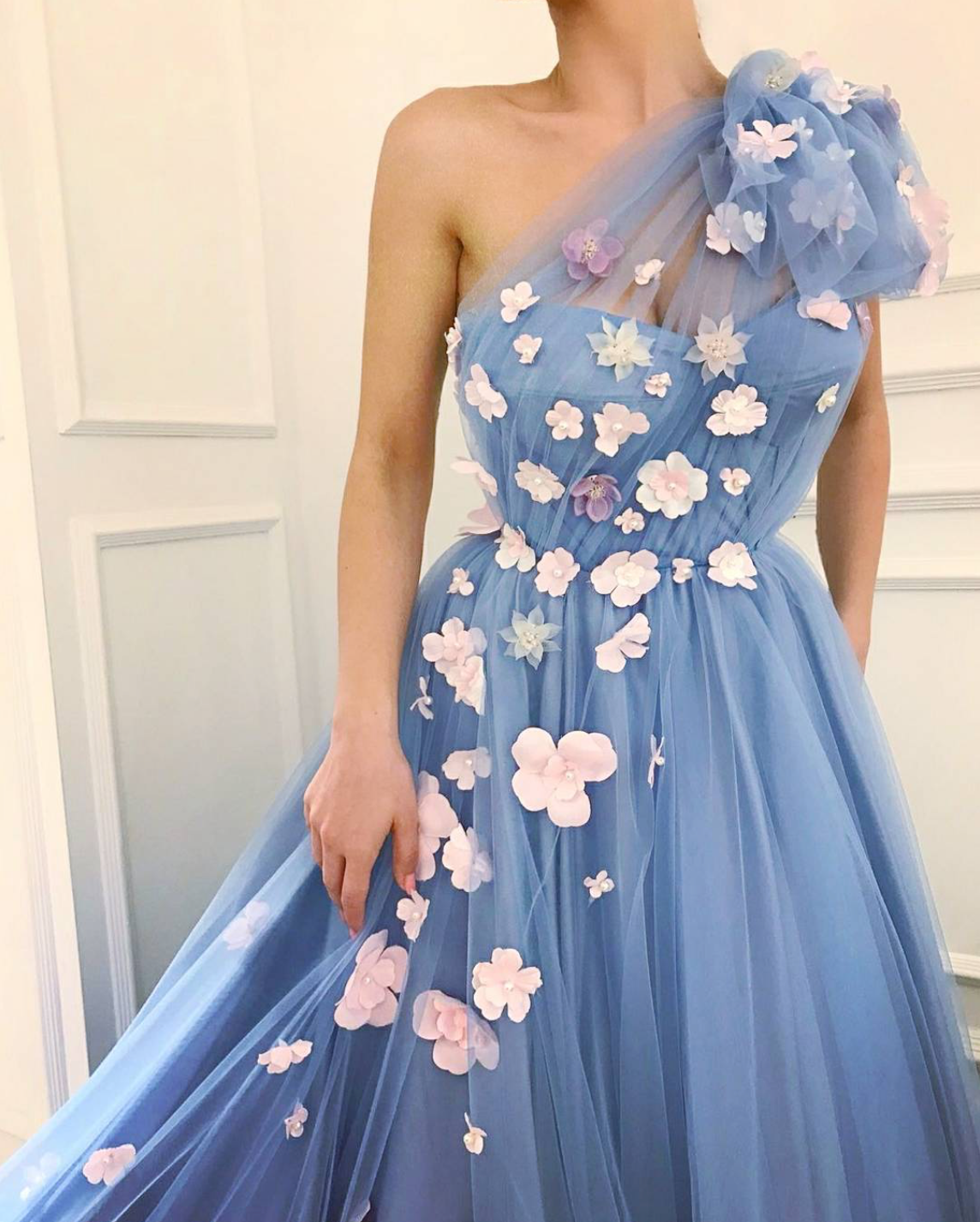 Blue A-Line dress with embroidery and one shoulder sleeve