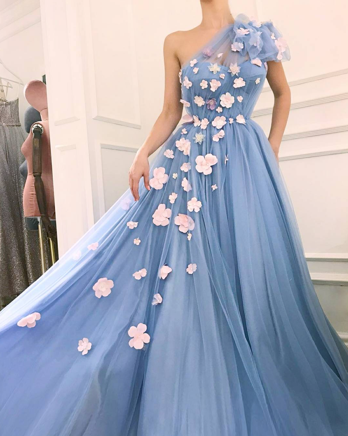 Blue A-Line dress with embroidery and one shoulder sleeve