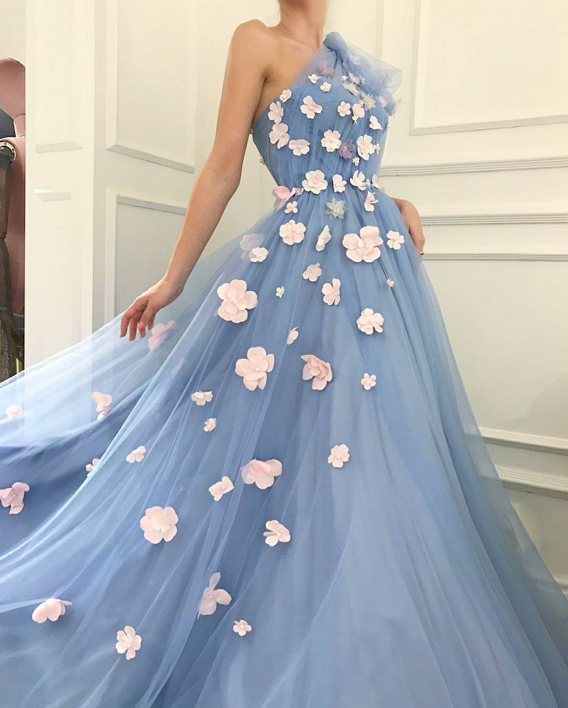 Blue A-Line dress with embroidery and one shoulder sleeve