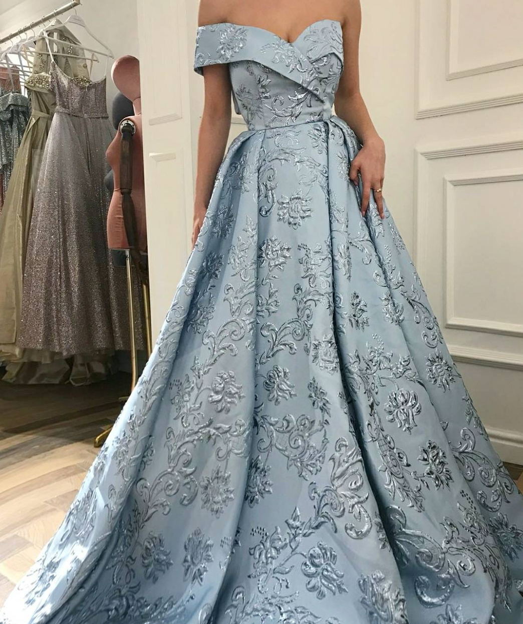 Blue A-Line dress with one shoulder sleeve