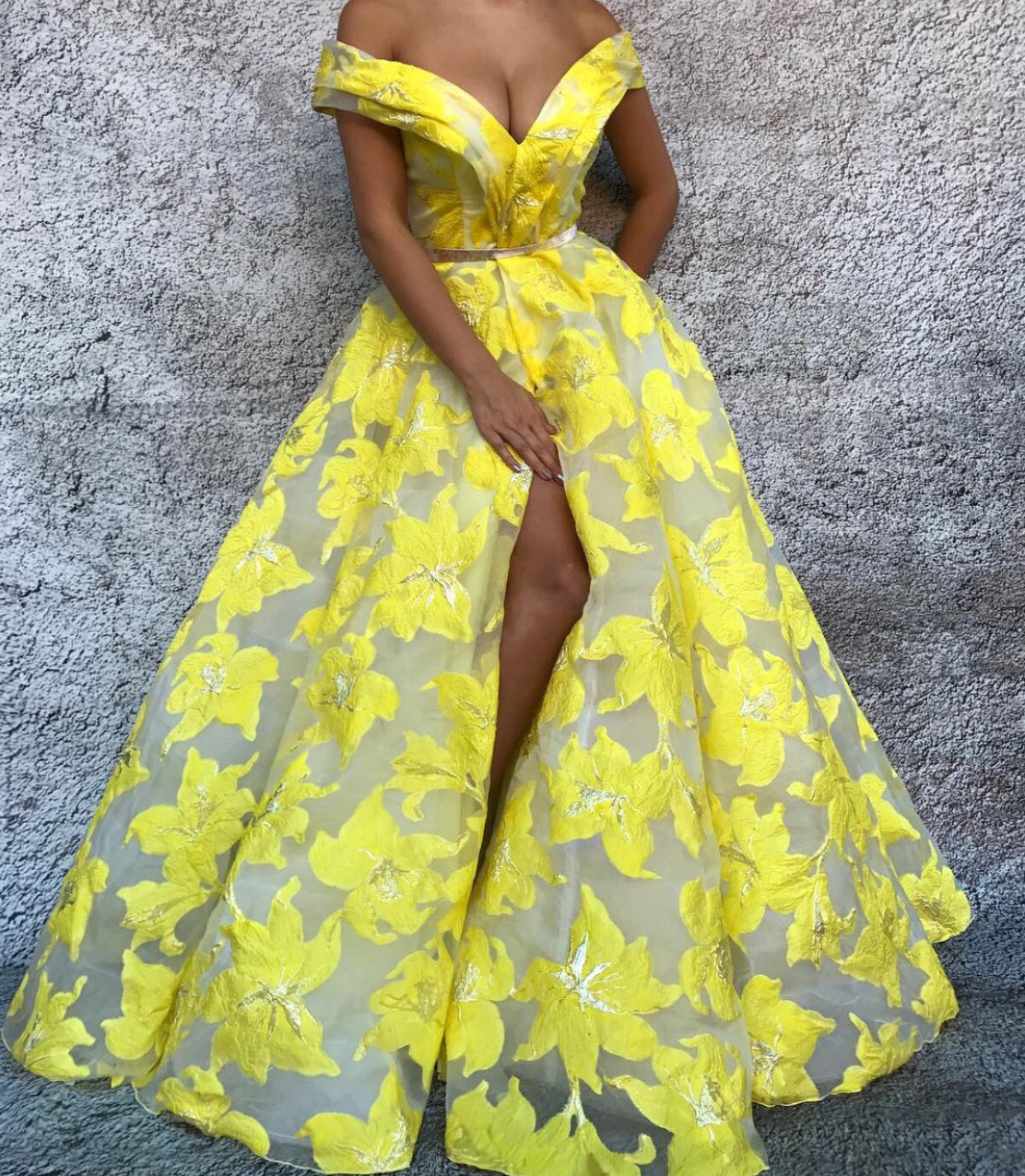 Yellow A-Line dress with off the shoulder sleeves and printed flowers
