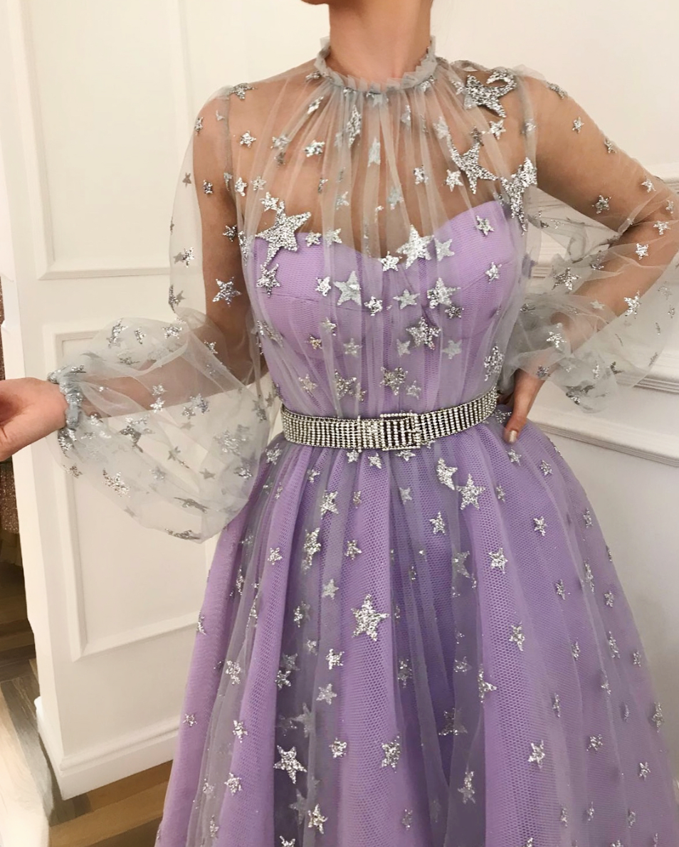 Purple A-Line dress with starry fabric, belt and long sleeves