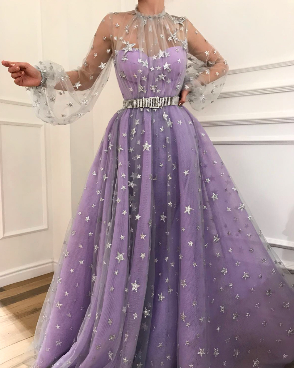 Purple A-Line dress with starry fabric, belt and long sleeves