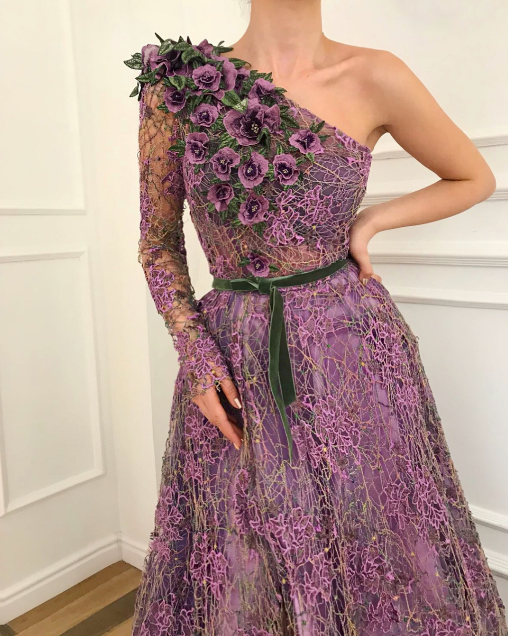 Purple A-Line dress with one long sleeve and embroidery