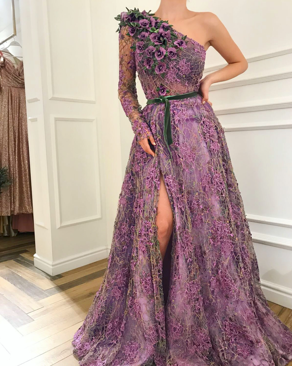 Purple A-Line dress with one long sleeve and embroidery