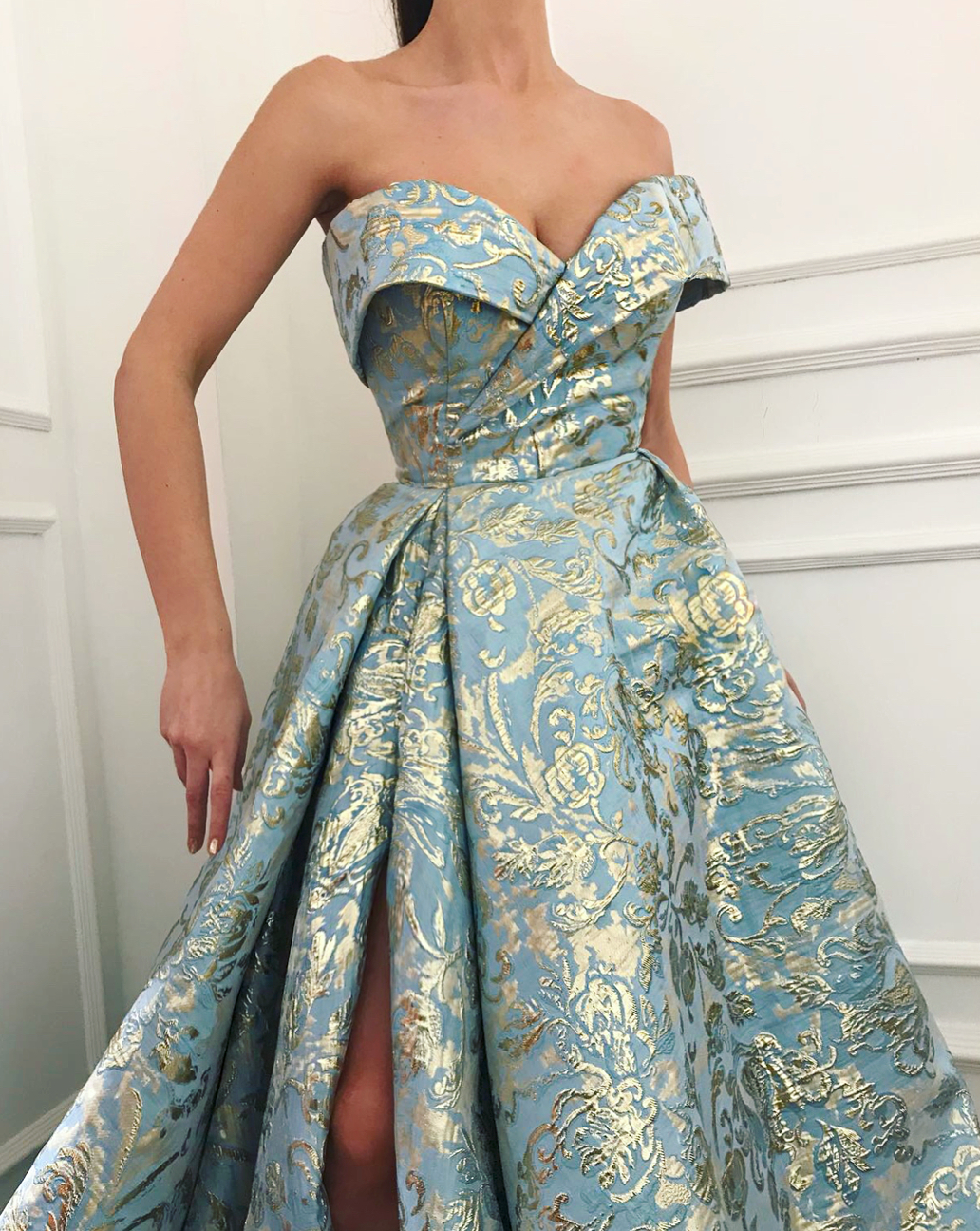 Blue A-Line dress with one off the shoulder sleeves