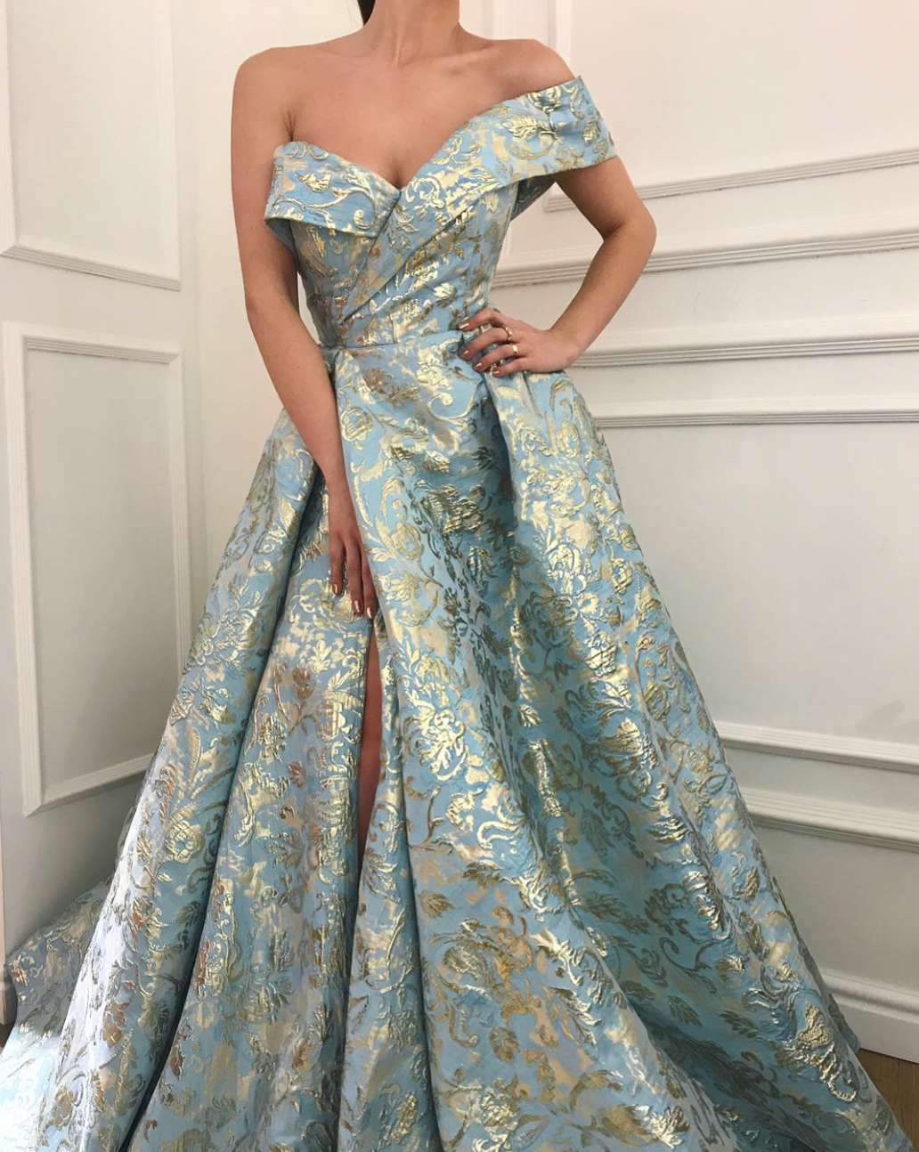 Blue A-Line dress with one off the shoulder sleeves
