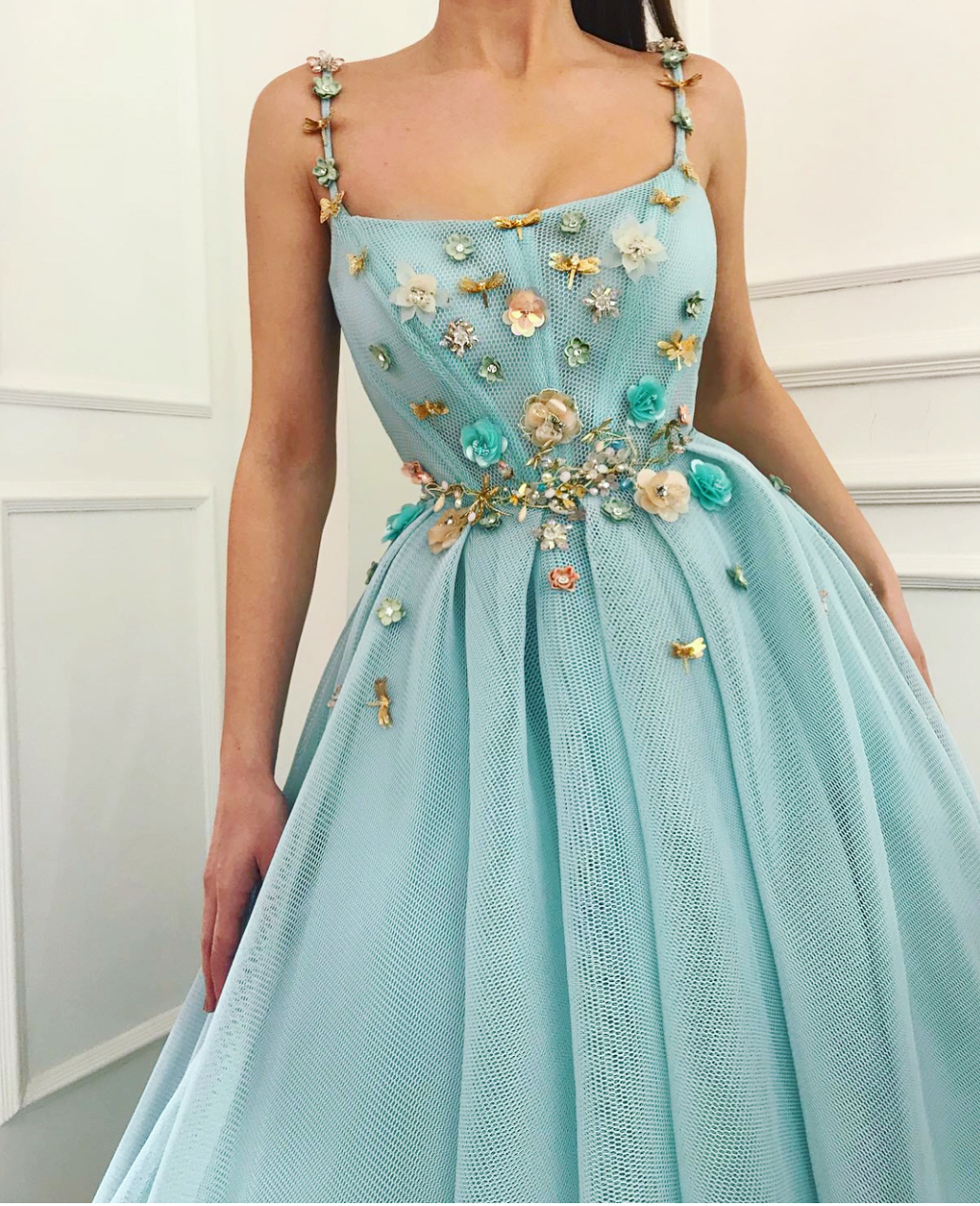 Blue A-Line dress with spaghetti straps and embroidery
