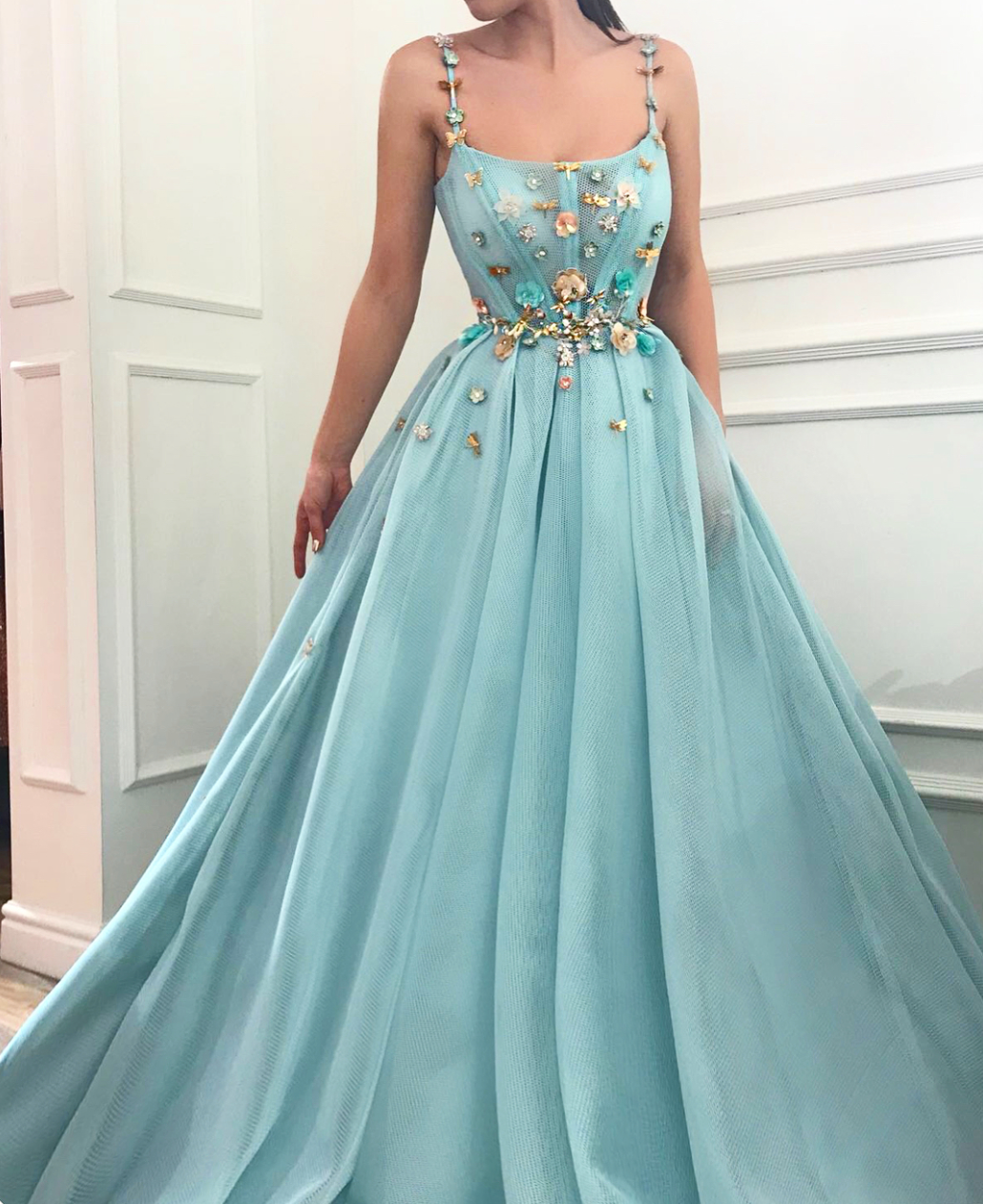 Blue A-Line dress with spaghetti straps and embroidery