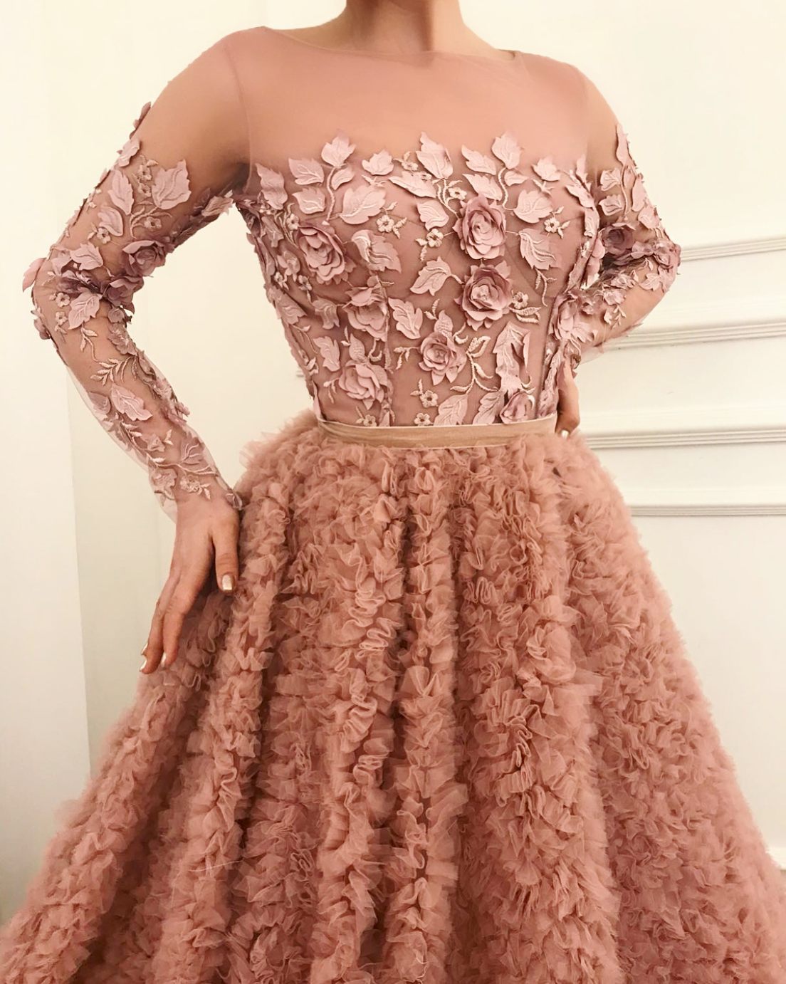 Pink A-Line dress with long sleeves and embroidery