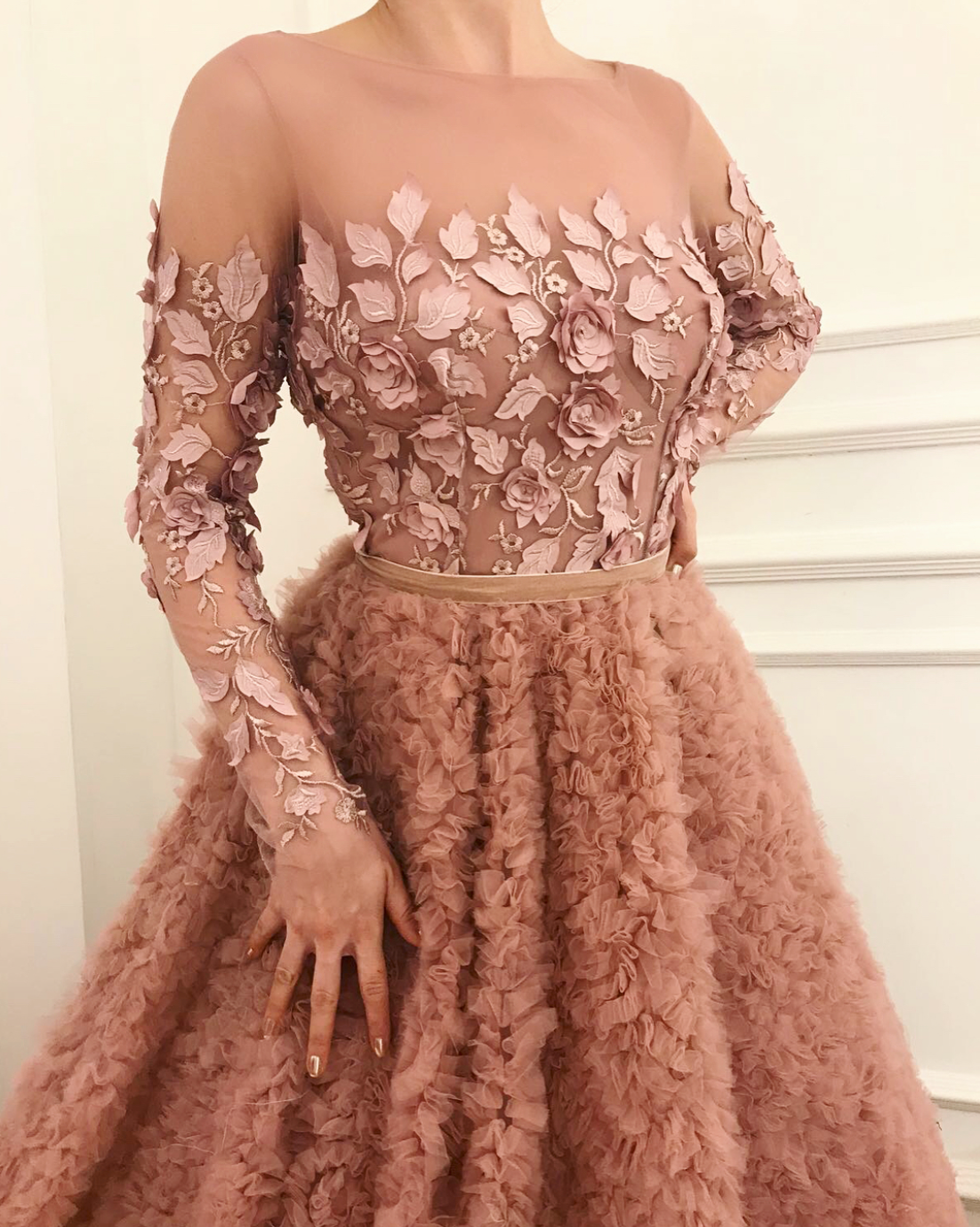 Pink A-Line dress with long sleeves and embroidery