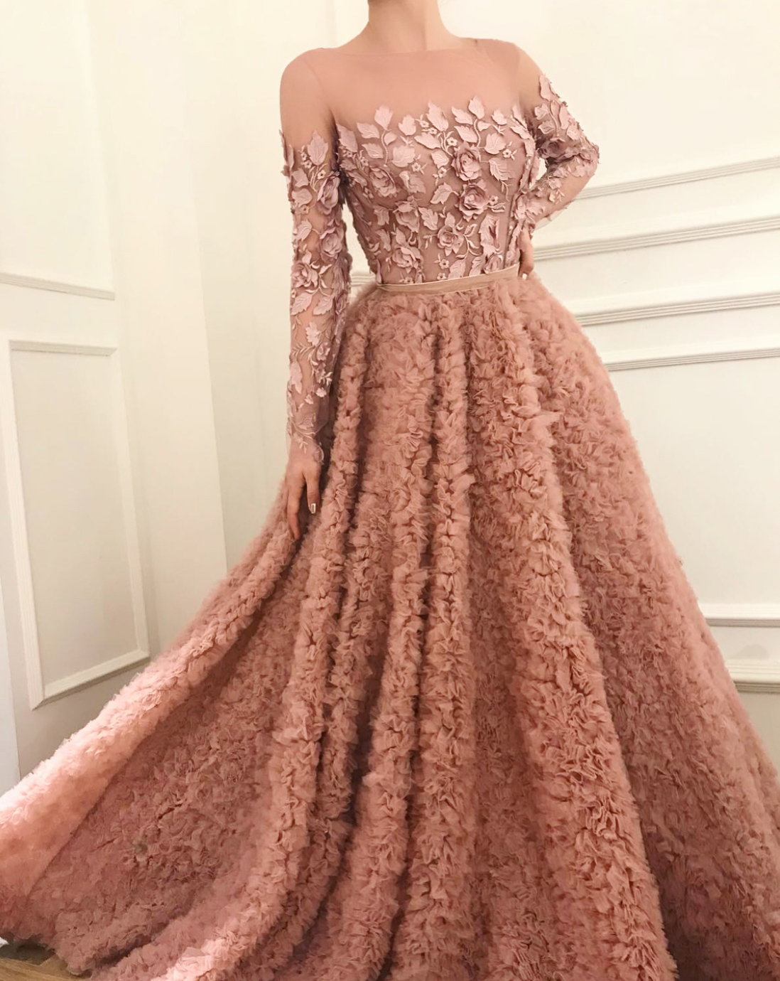 Pink A-Line dress with long sleeves and embroidery