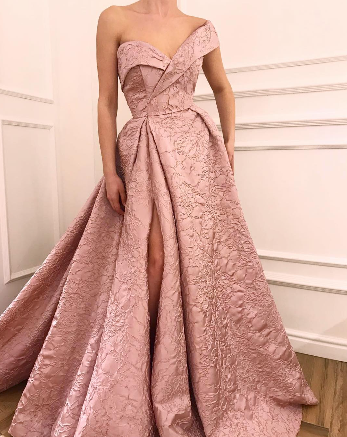 Pink A-Line dress with one off the shoulder sleeve and slit