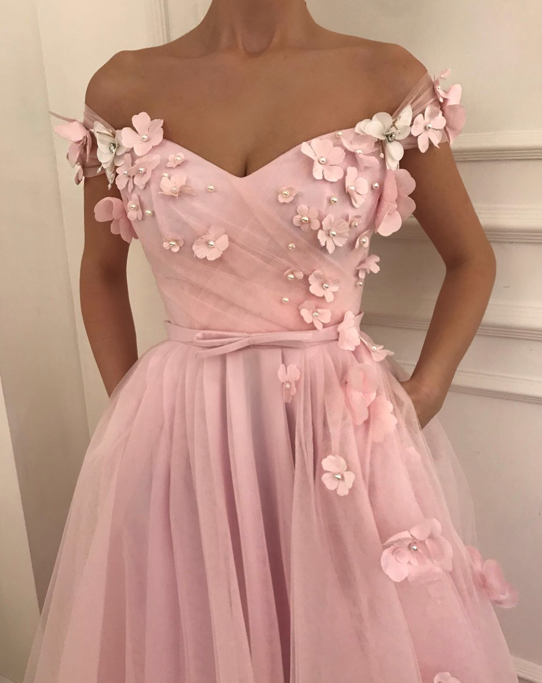 Pink A-Line dress with off the shoulder sleeves and embroidery