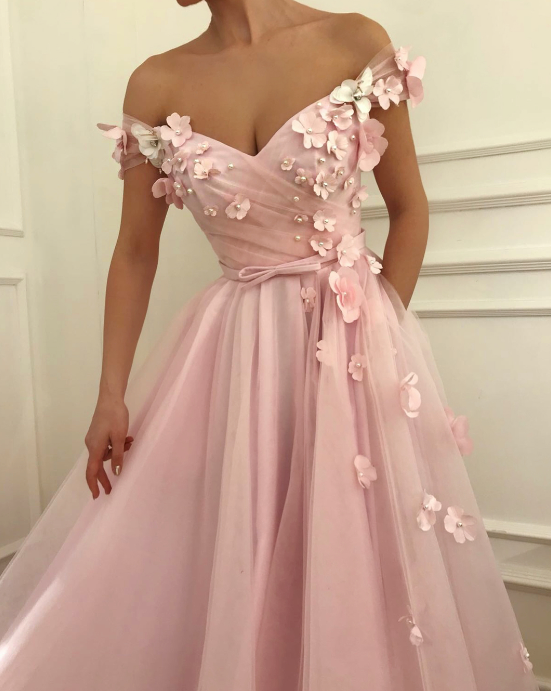 Pink A-Line dress with off the shoulder sleeves and embroidery