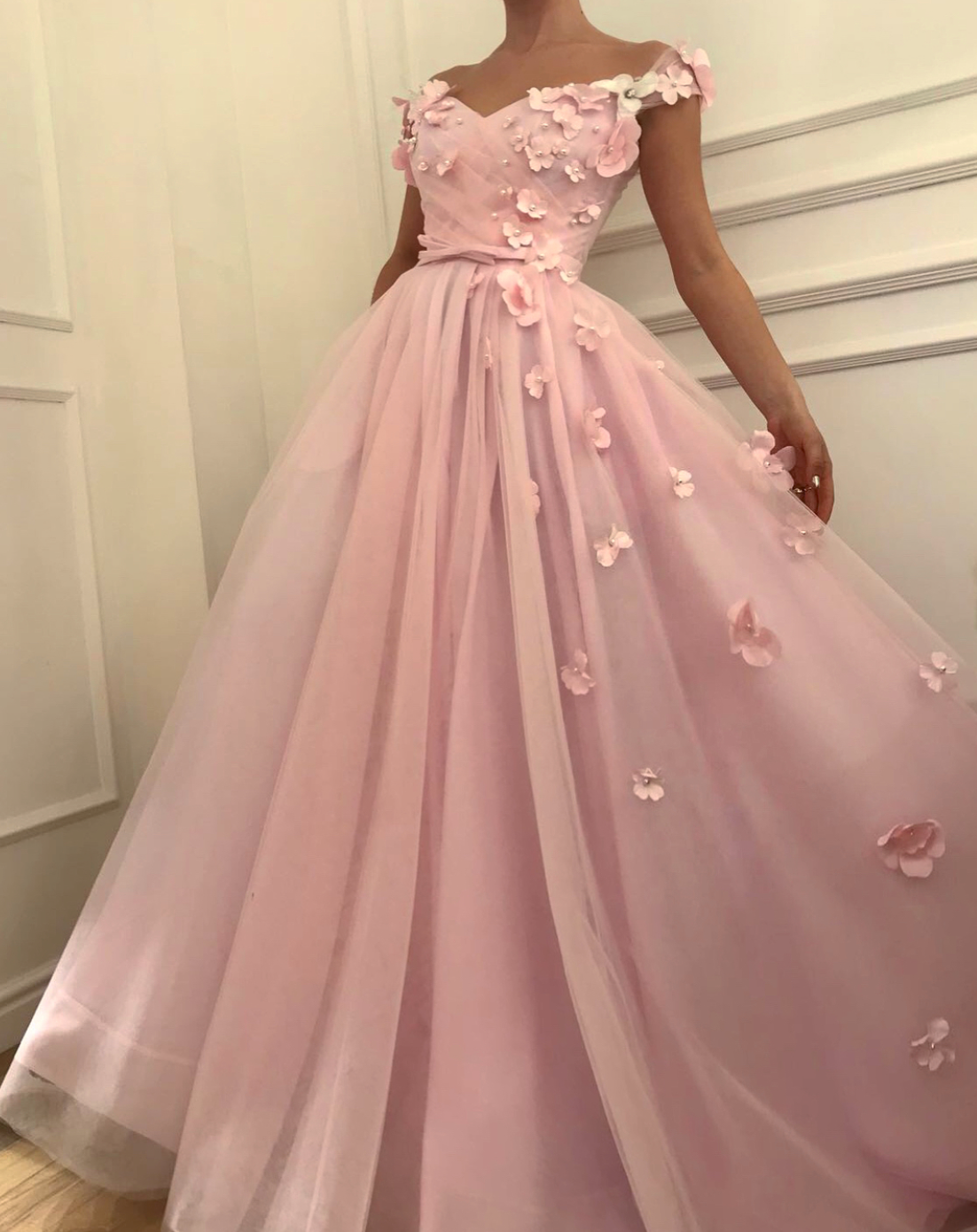 Pink A-Line dress with off the shoulder sleeves and embroidery