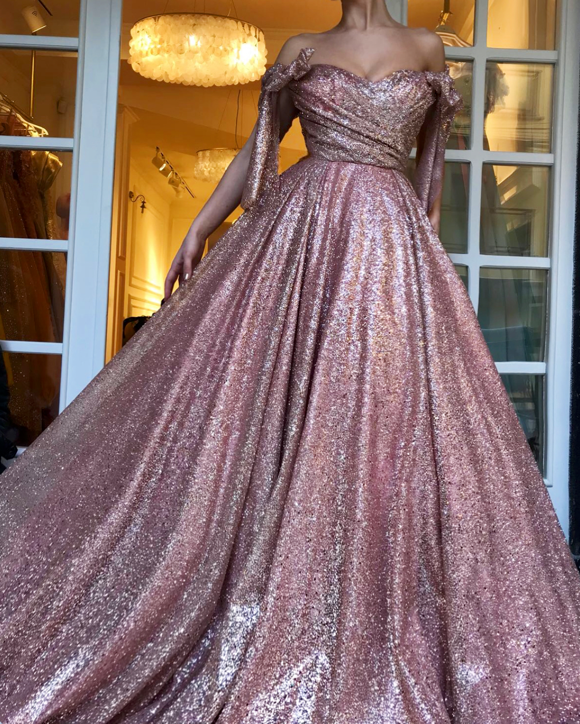 Pink A-Line dress with off the shoulder sleeves and sequins