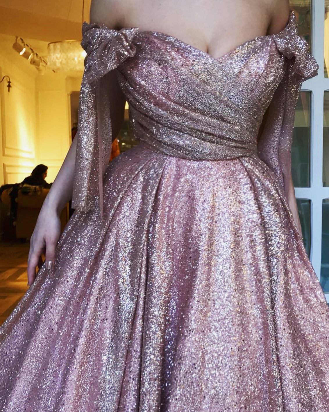 Pink A-Line dress with off the shoulder sleeves and sequins
