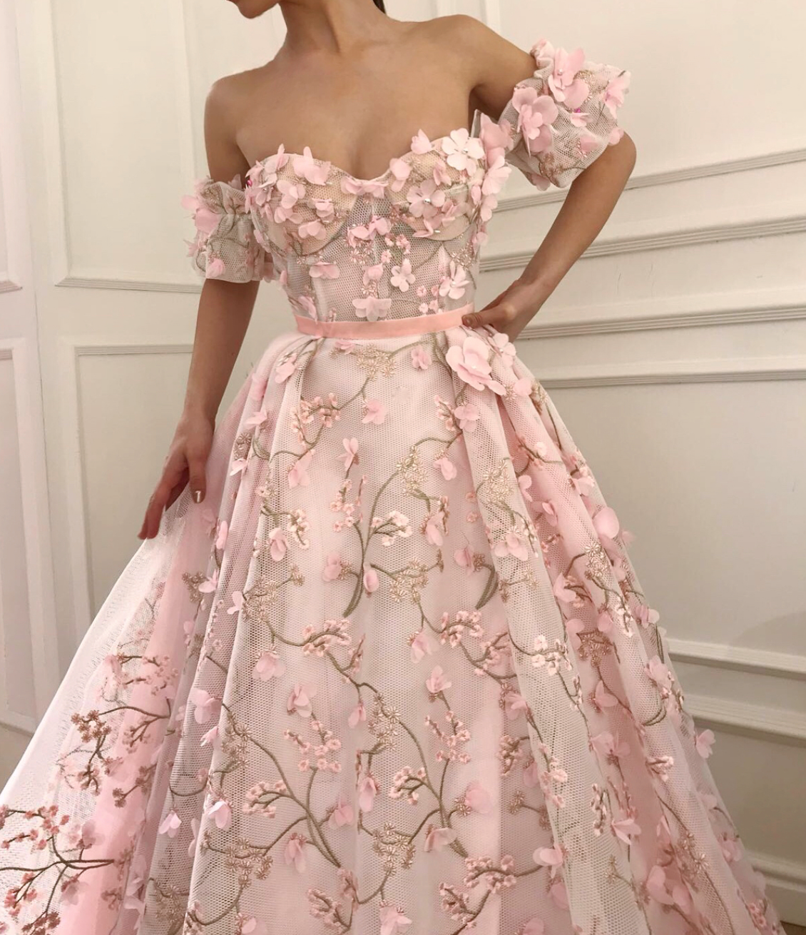 Pink A-Line dress with off the shoulder sleeves and embroidery