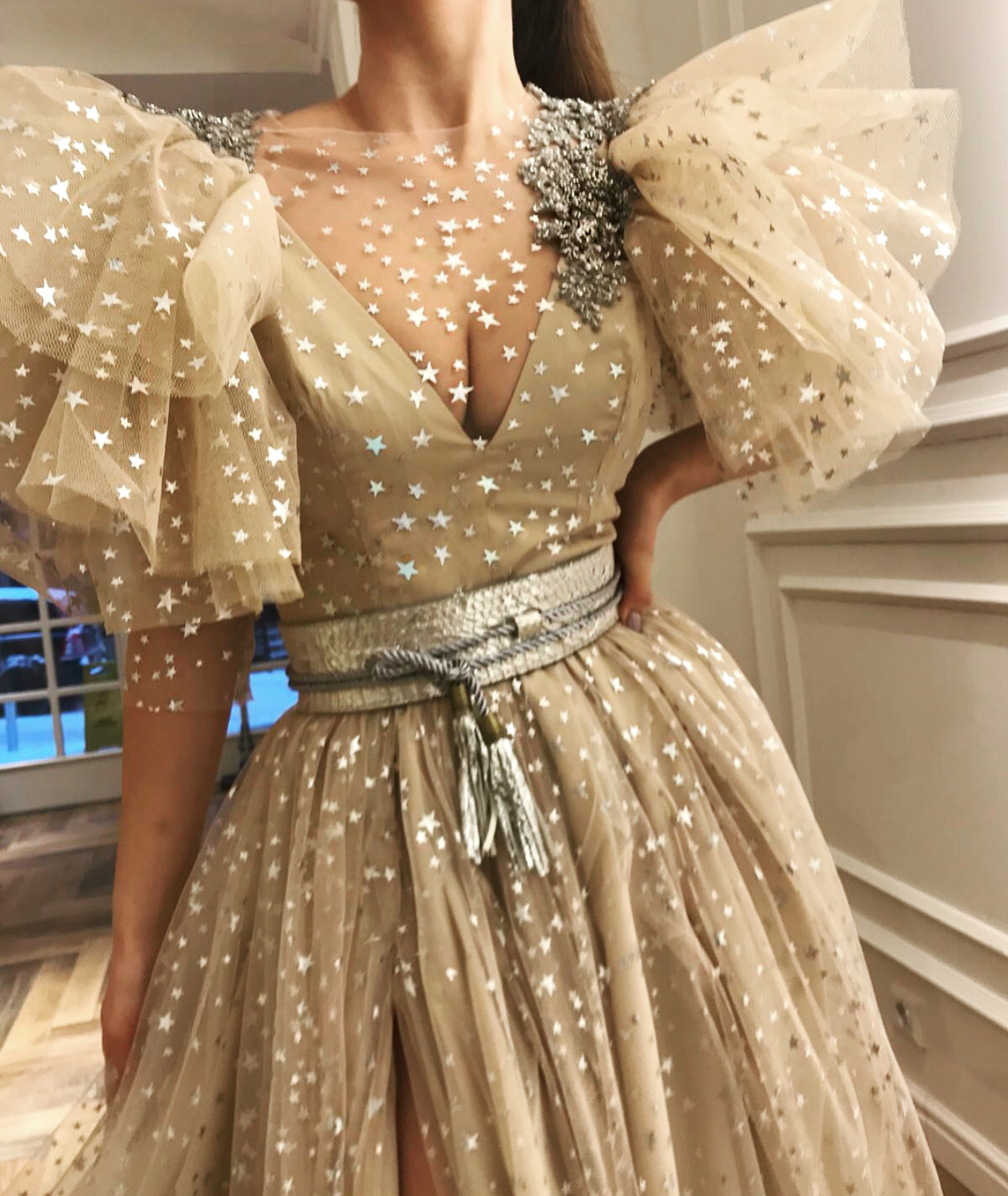 Beige A-Line dress with starry fabric, short sleeves and embroidery