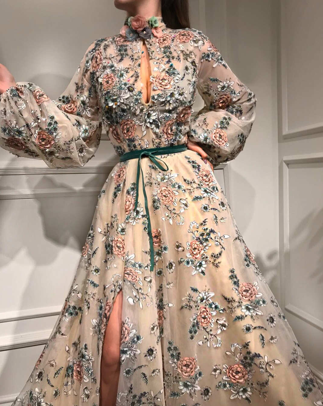 Beige A-Line dress with printed flowers, embroidery and long sleeves