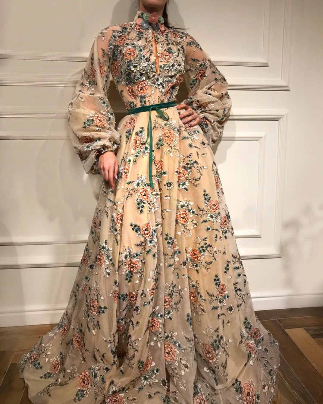 Beige A-Line dress with printed flowers, embroidery and long sleeves