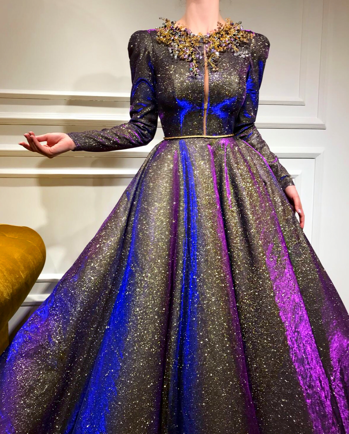 Purple A-Line dress with long sleeves and embroidery