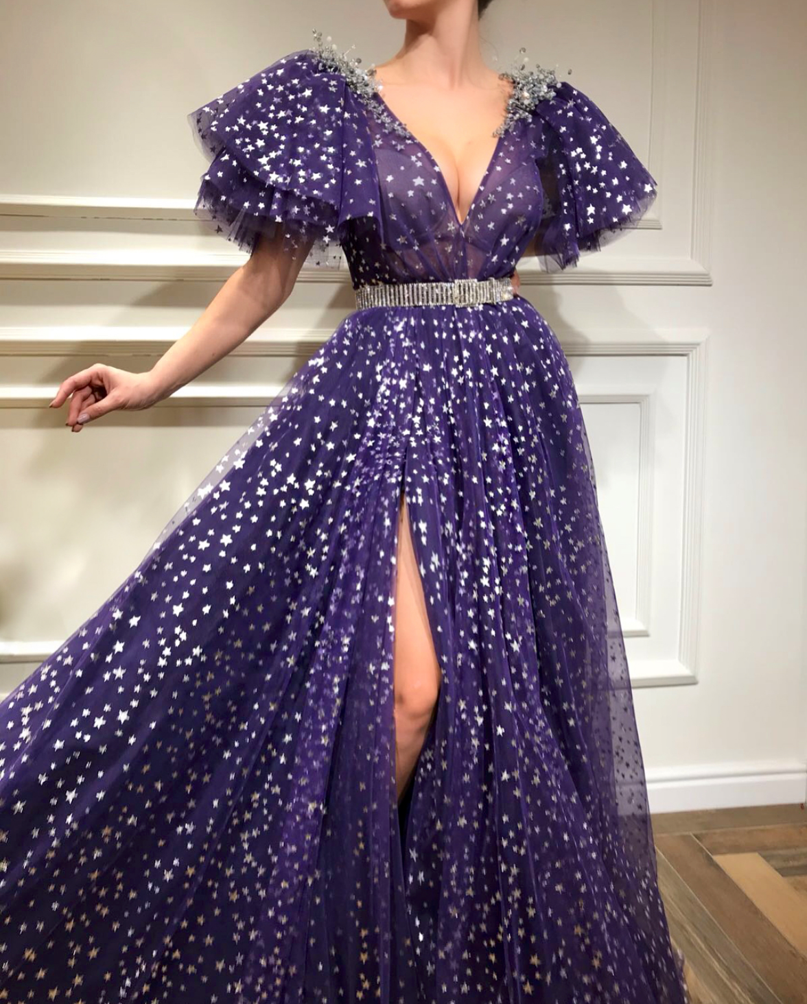Gown - Teuta Matoshi DuriqiPurple A-Line dress with belt, v-neck, starry fabric, embroidery and short sleeves
