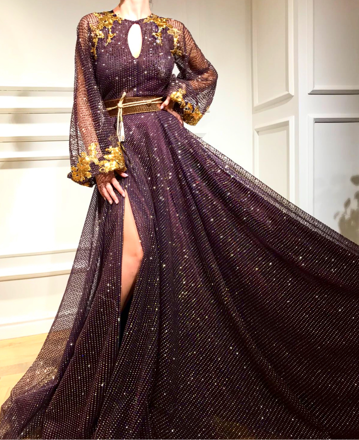 Purple A-Line dress with long sleeves, embroidery and belt
