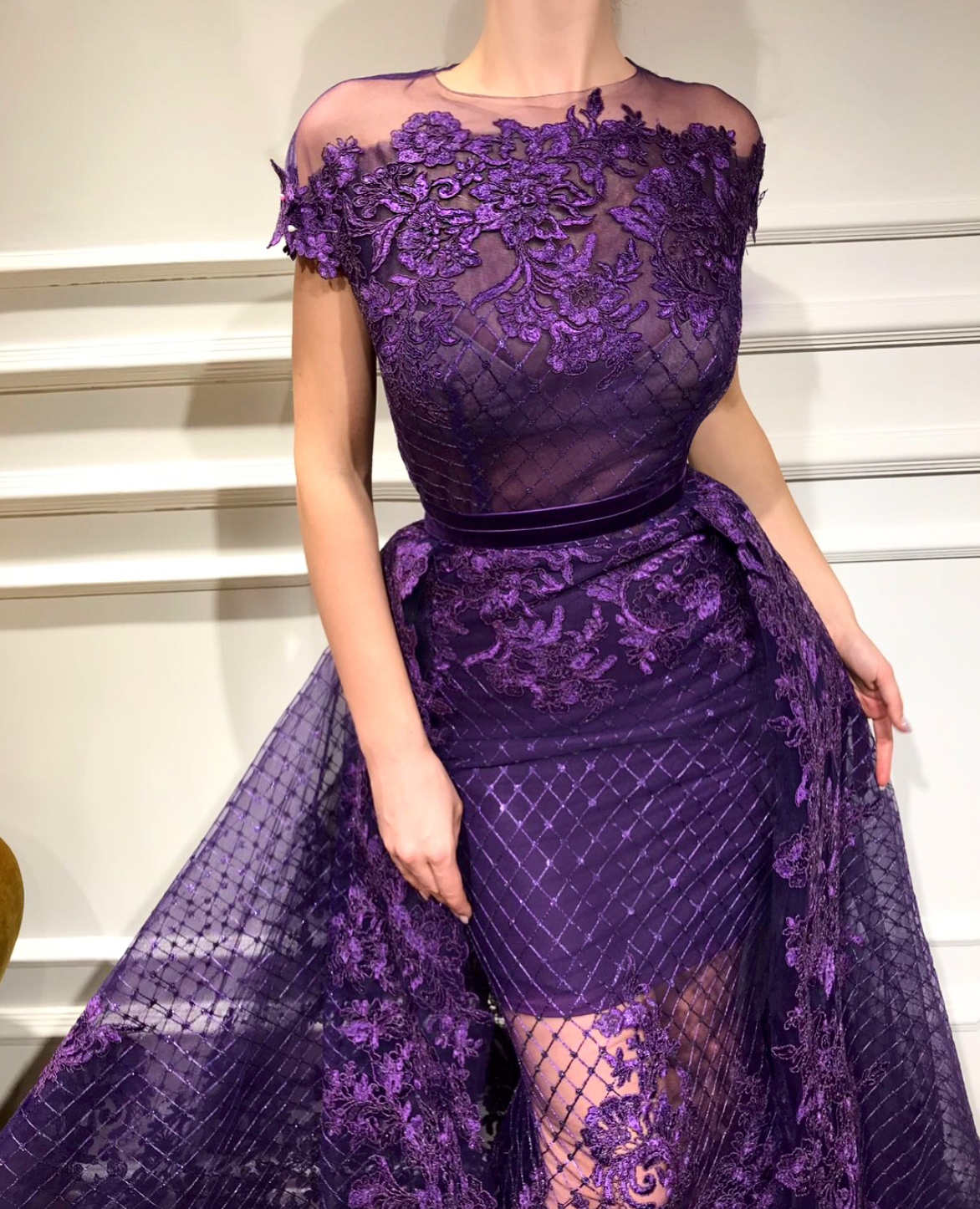 Purple overskirt dress with lace and short sleeves