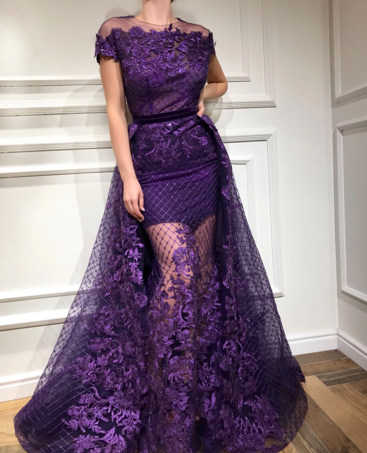 Purple overskirt dress with lace and short sleeves