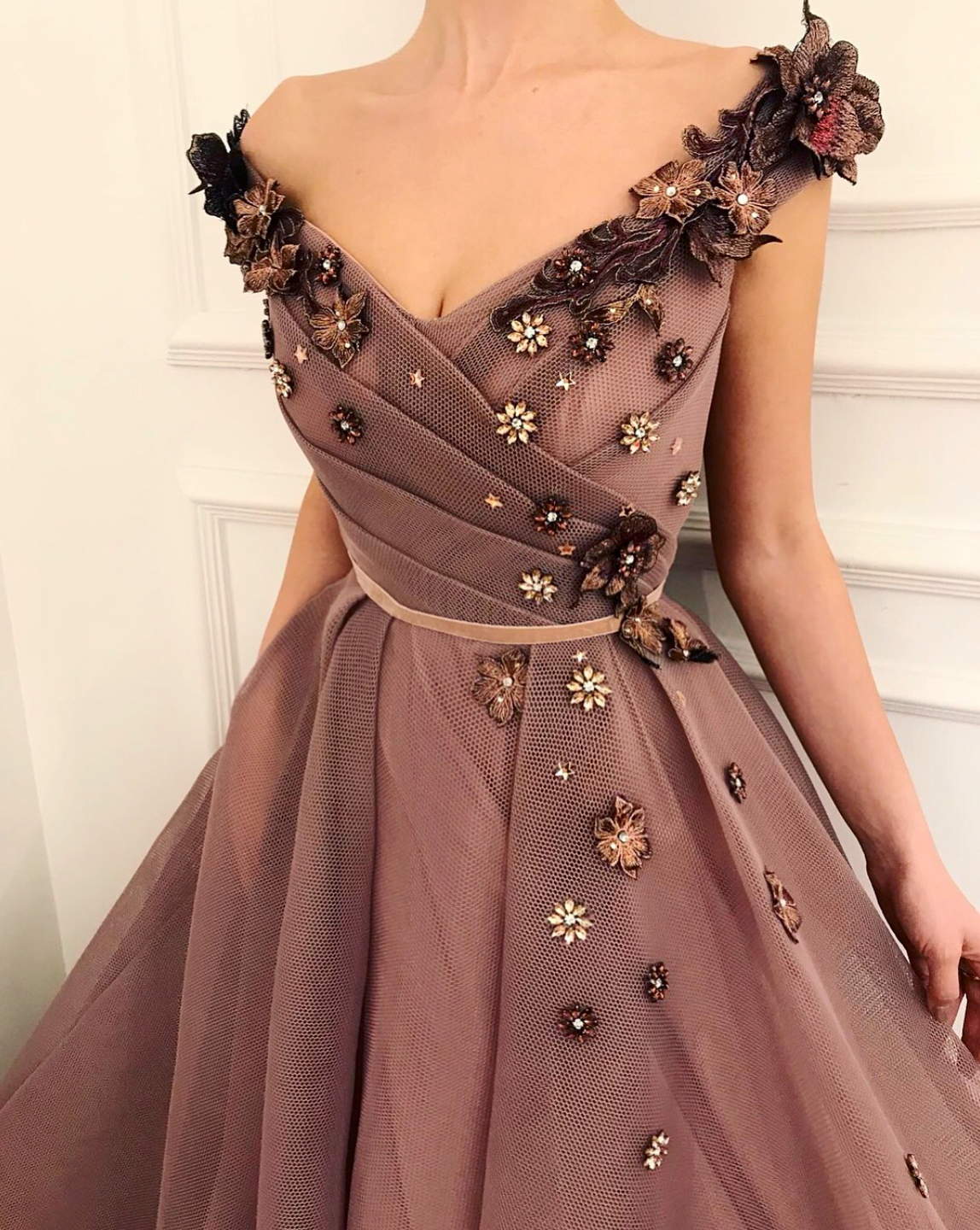 Pink A-Line dress with off the shoulder sleeves and embroidery