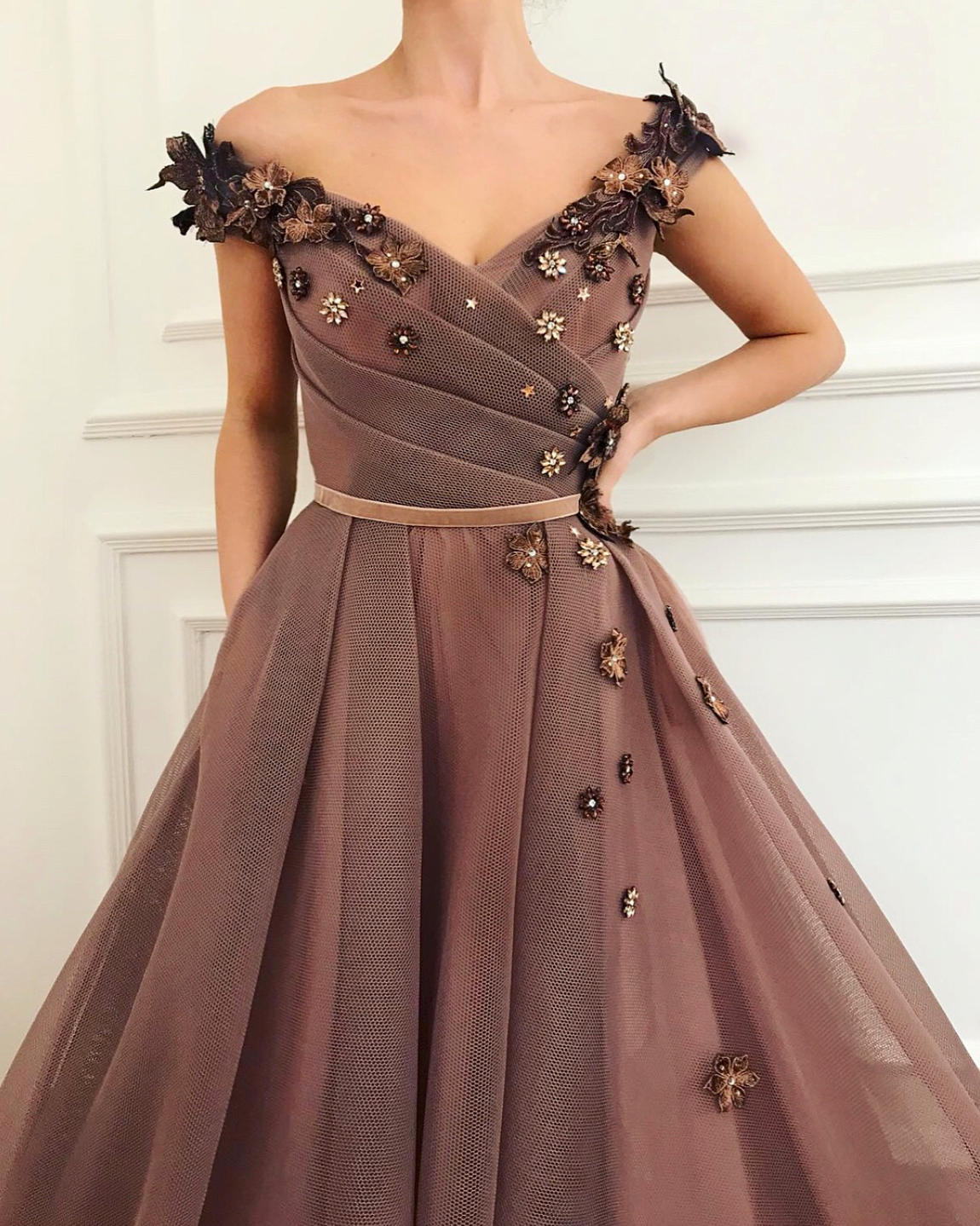 Pink A-Line dress with off the shoulder sleeves and embroidery