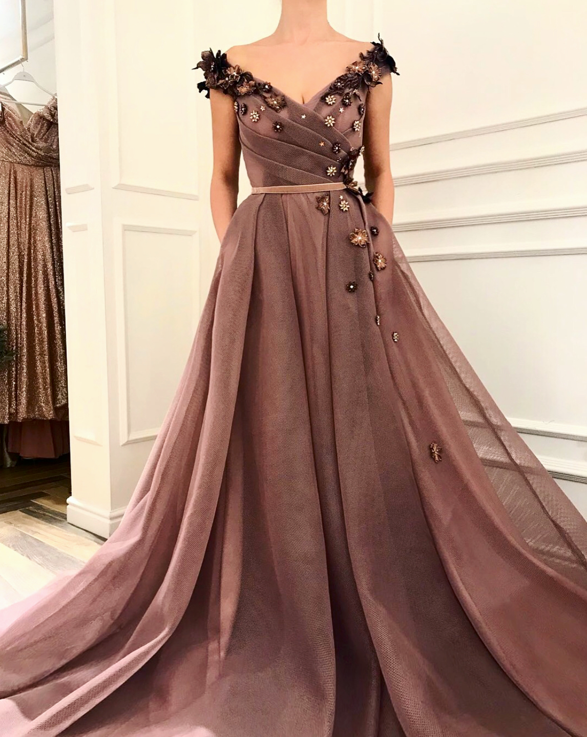 Pink A-Line dress with off the shoulder sleeves and embroidery