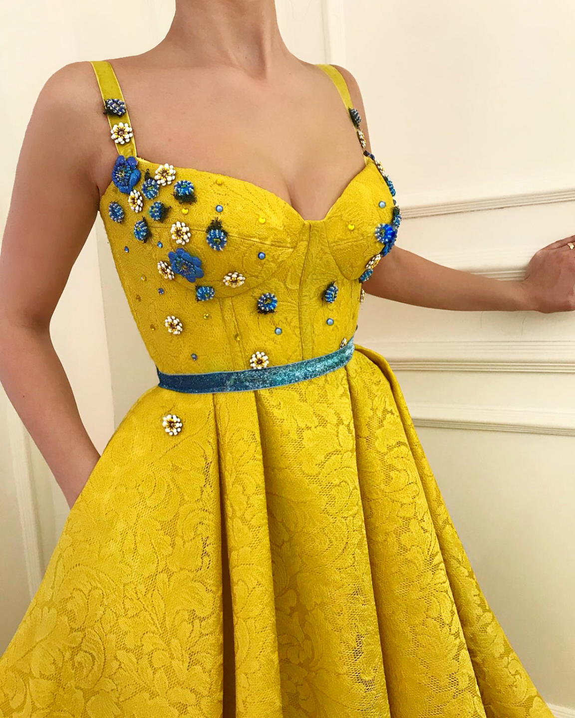 Yellow A-Line dress with spaghetti straps and embroidery