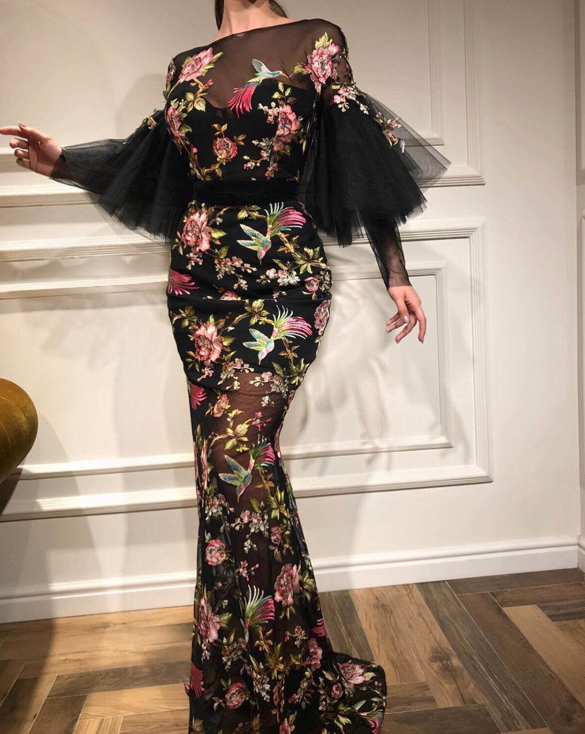 Black mermaid dress with short sleeves and embroidery