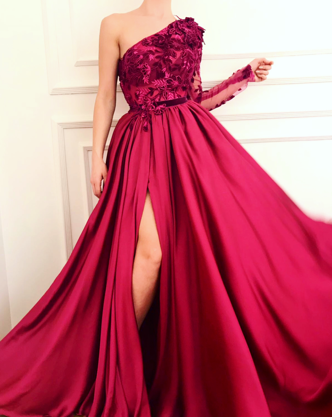 Red A-Line dress with one long sleeve and embroidery