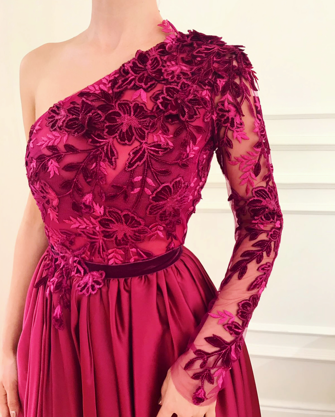 Red A-Line dress with one long sleeve and embroidery