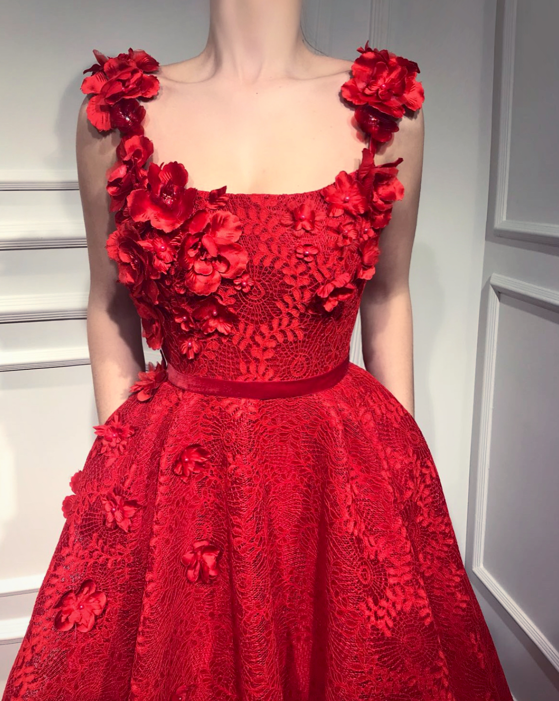 Red A-Line dress with straps and embroidery