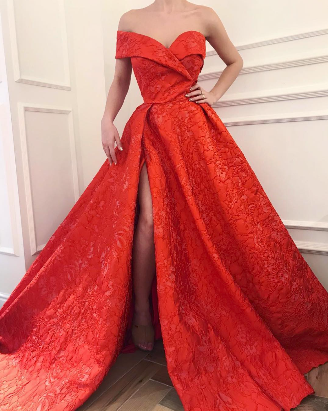 Red A-Line dress with one off the shoulder sleeve