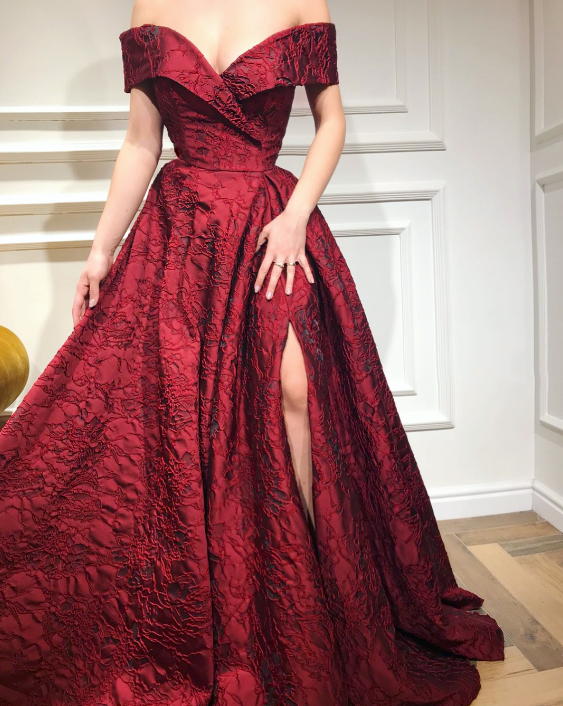 Red A-Line dress with slit and off the shoulder sleeves