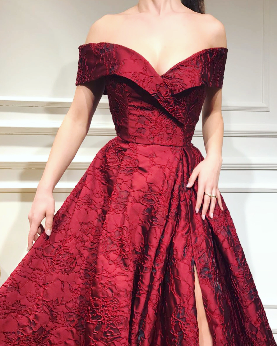 Red A-Line dress with slit and off the shoulder sleeves